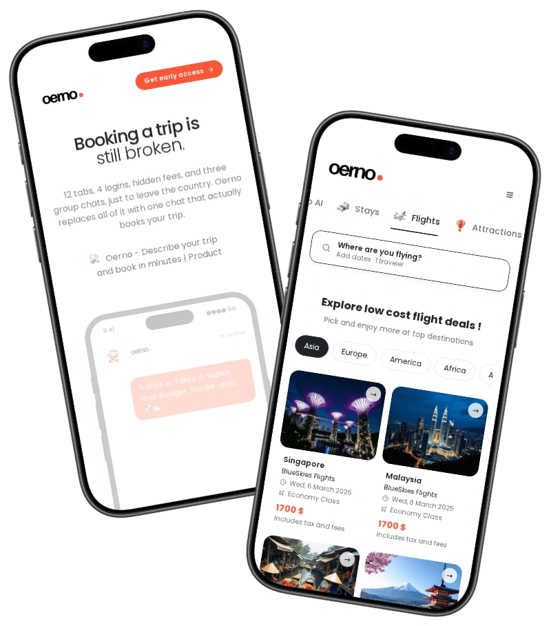 Oerno, a travel booking app built by Verkies, shown on two phones